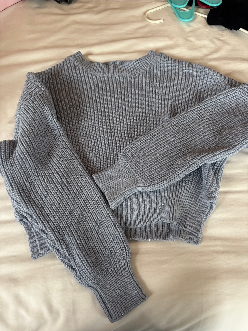 Light Blue Sparkly Women's Chunky Knit Sweater - Crewneck